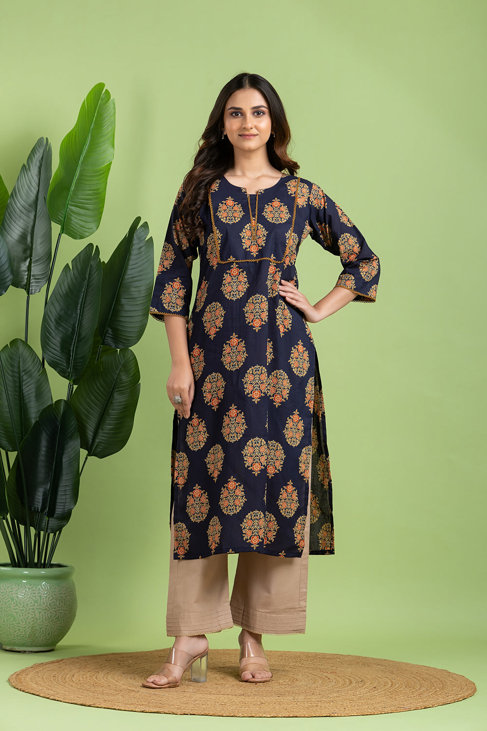 Royal Blue, Orange & Green Ornate Floral Print Kurta