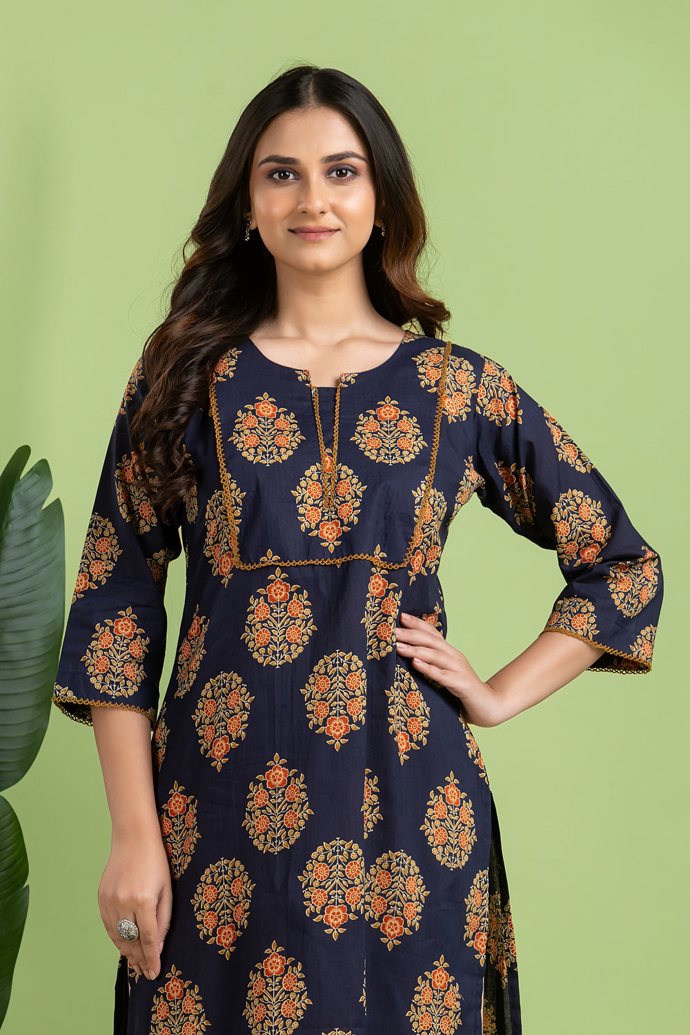 Royal Blue, Orange & Green Ornate Floral Print Kurta
