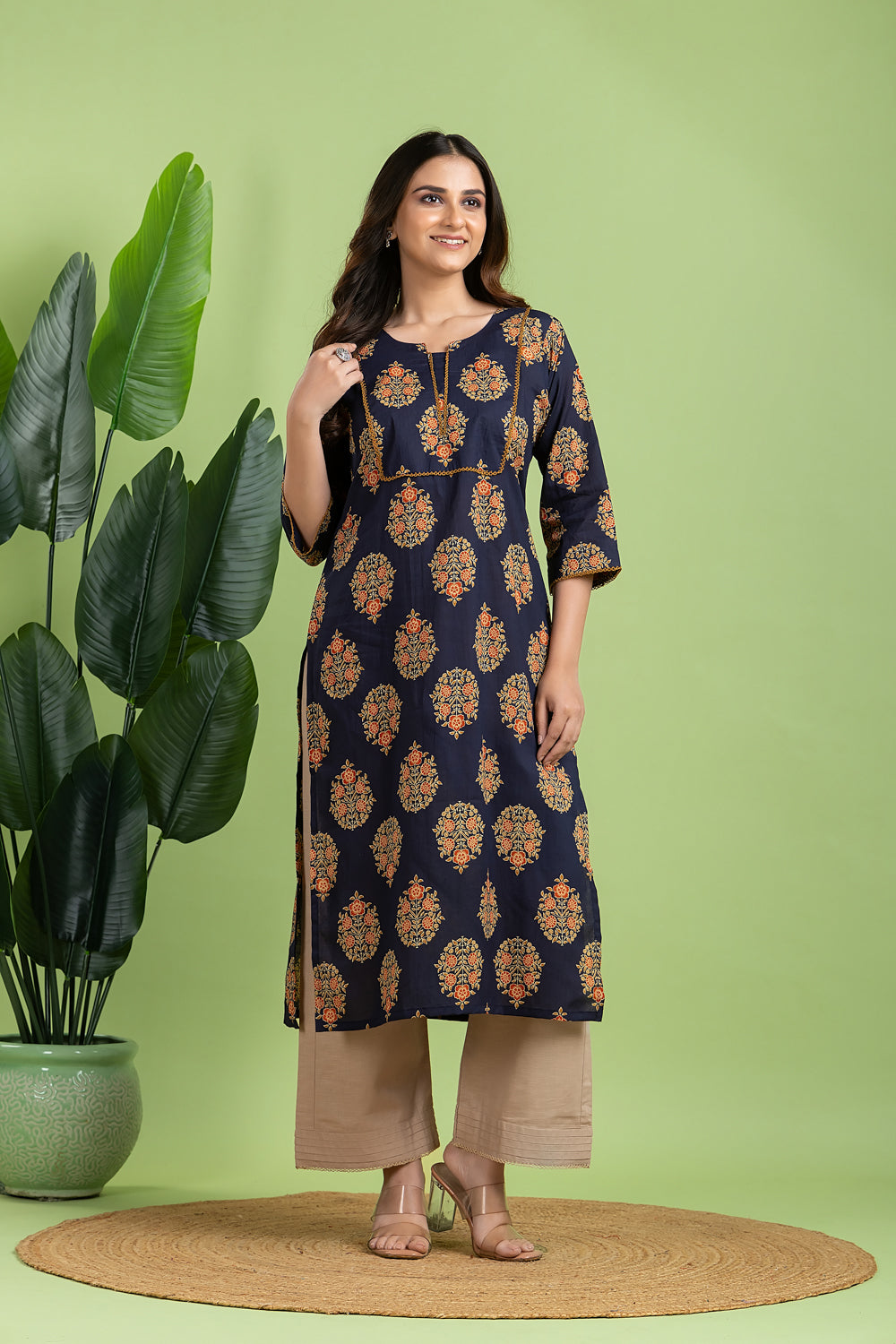 Royal Blue, Orange & Green Ornate Floral Print Kurta