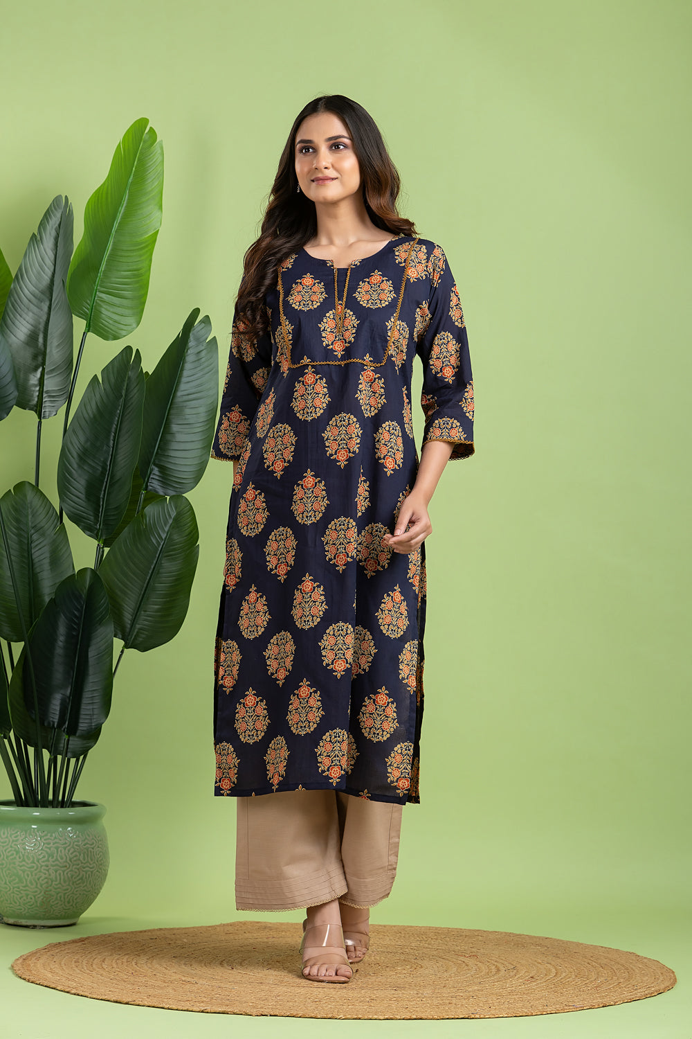 Royal Blue, Orange & Green Ornate Floral Print Kurta