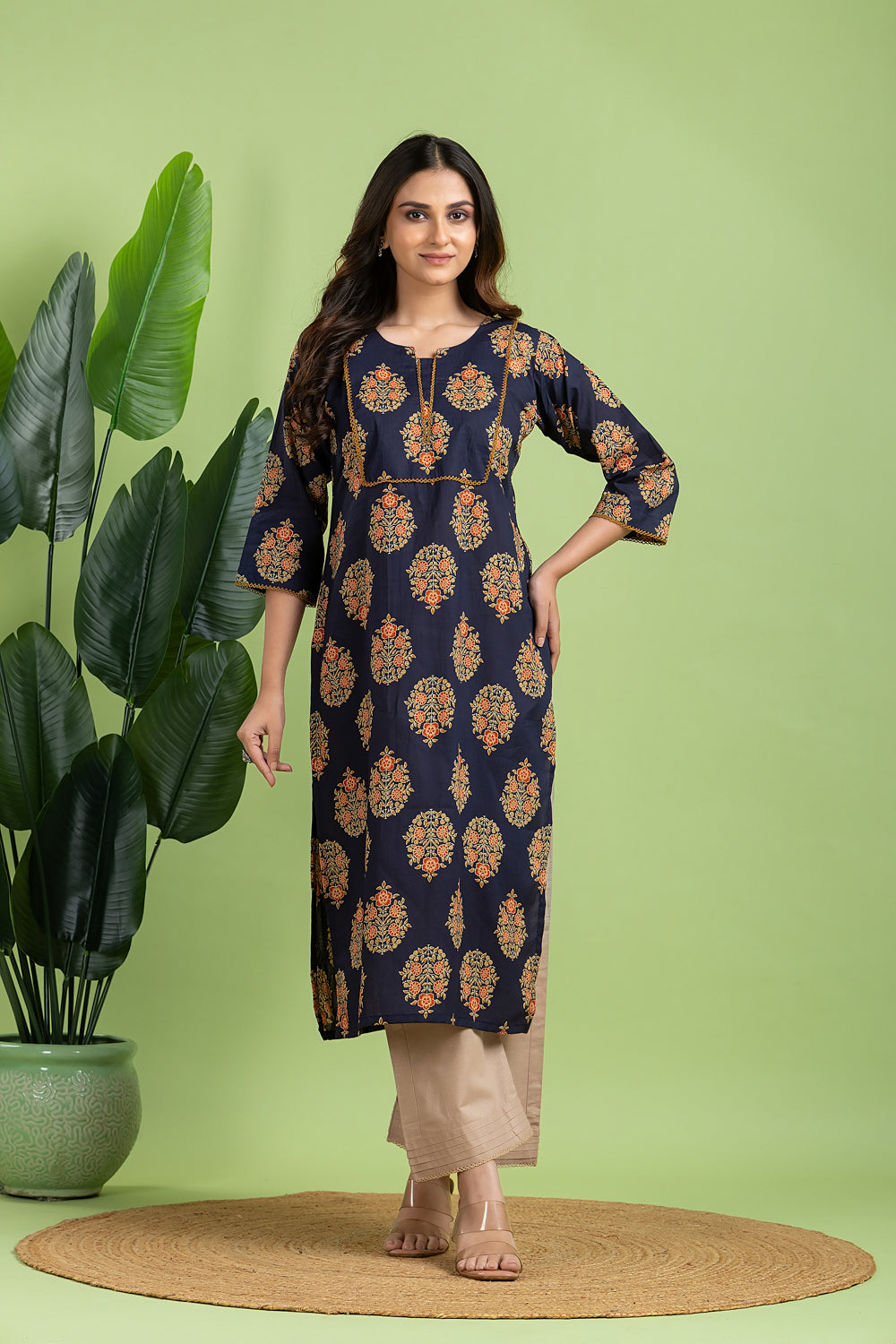 Royal Blue, Orange & Green Ornate Floral Print Kurta