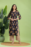 Royal Blue, Orange & Green Ornate Floral Print Kurta