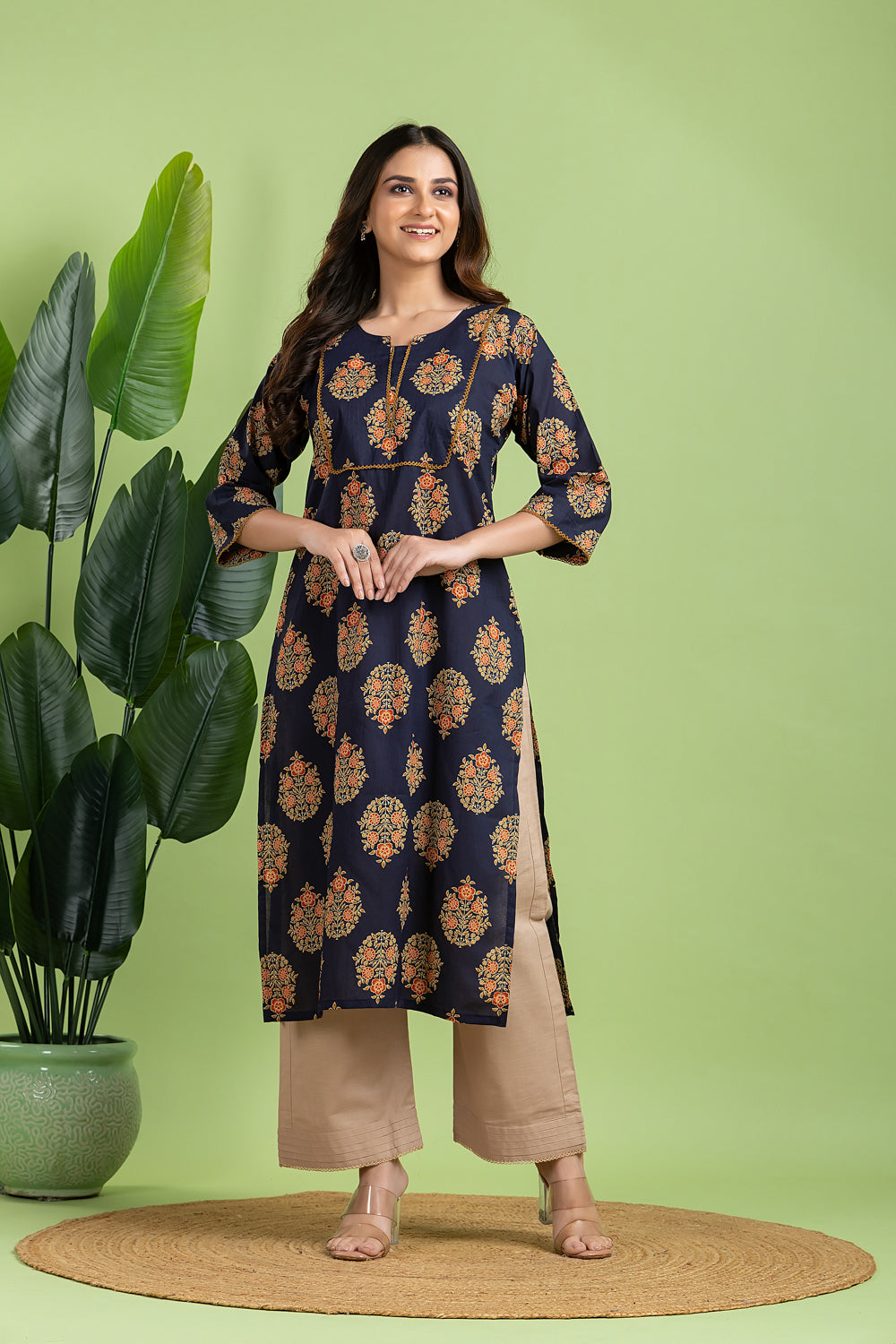 Royal Blue, Orange & Green Ornate Floral Print Kurta