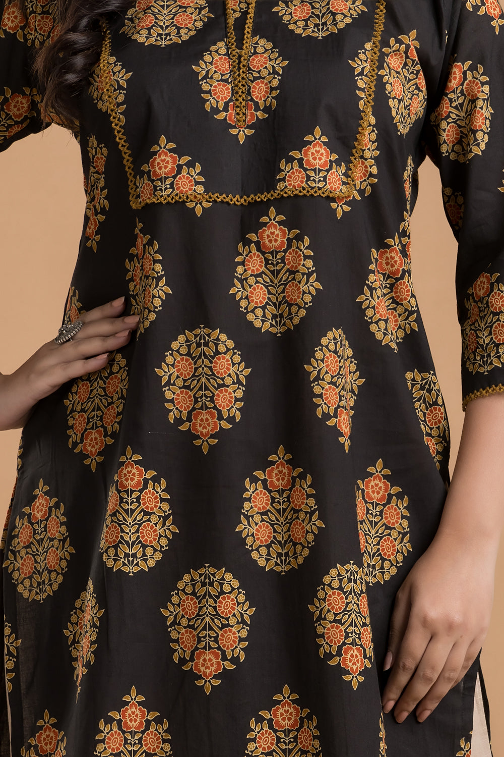 Black, Orange & Green Ornate Floral Print Kurta