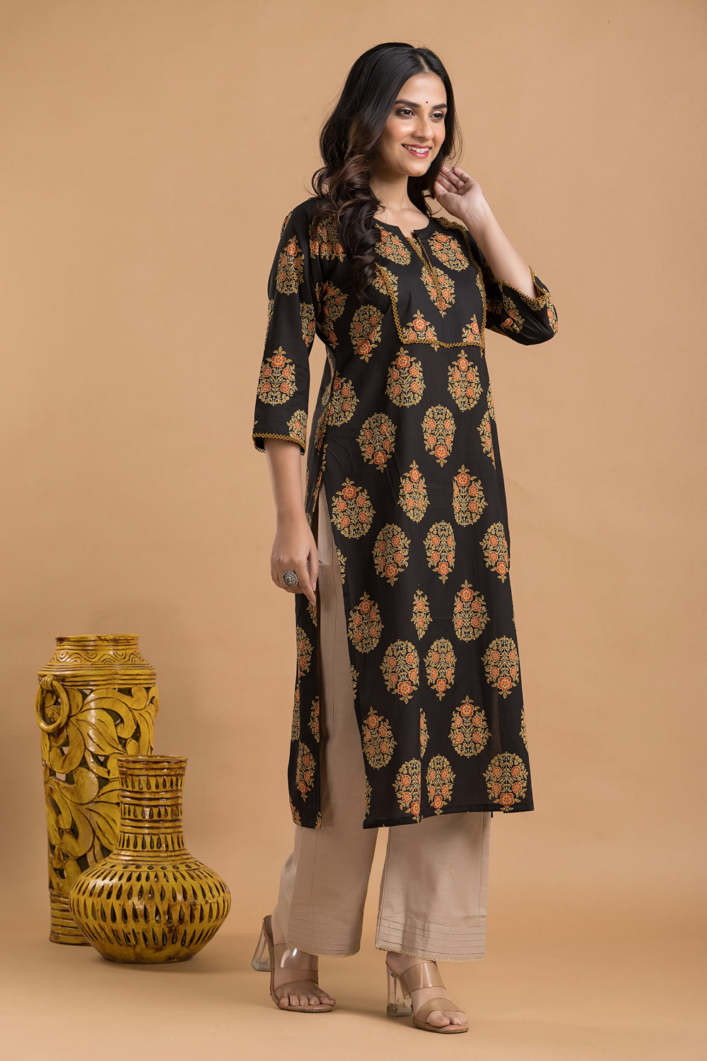 Black, Orange & Green Ornate Floral Print Kurta