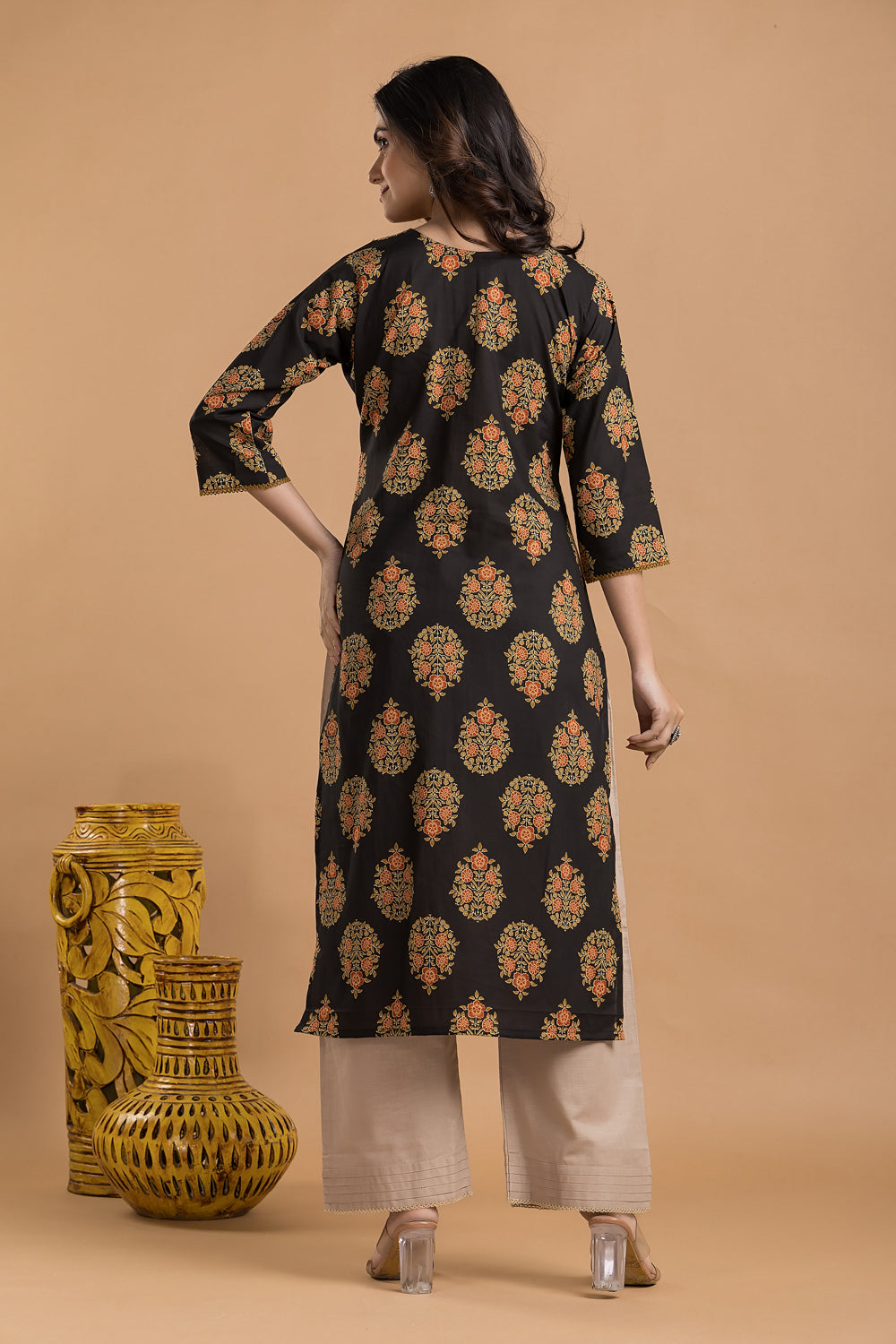 Black, Orange & Green Ornate Floral Print Kurta