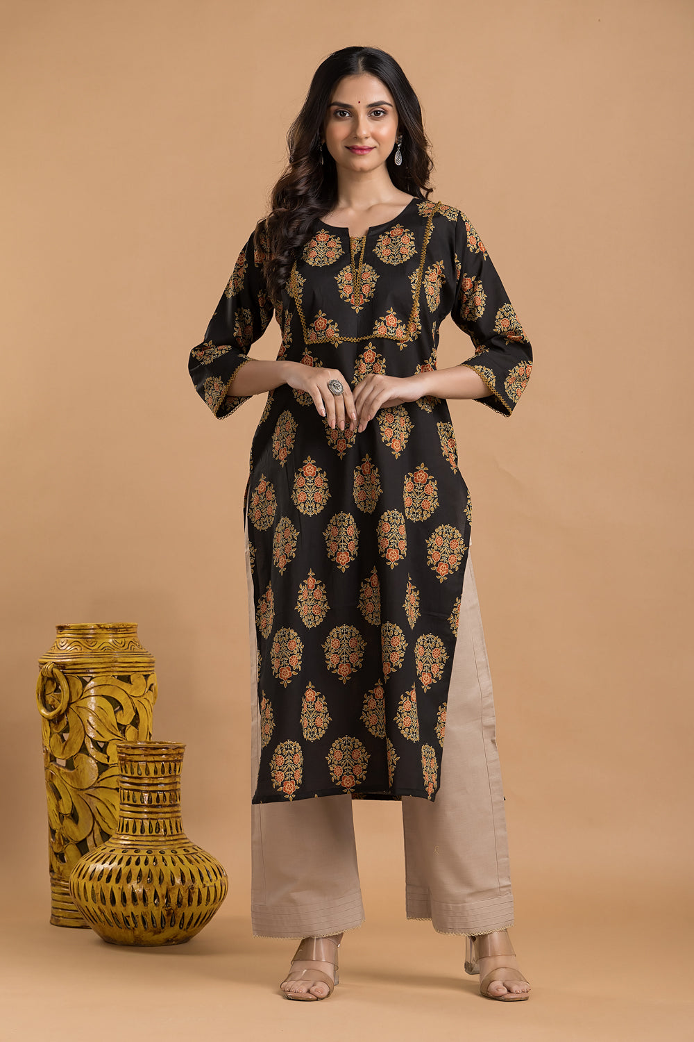Black, Orange & Green Ornate Floral Print Kurta