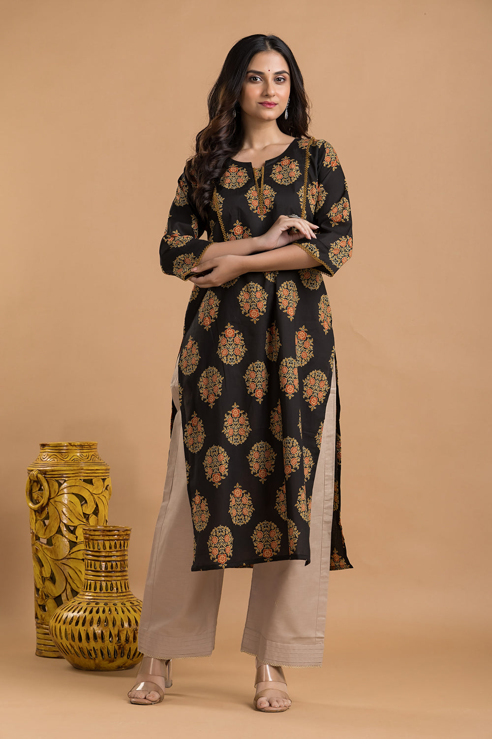 Black, Orange & Green Ornate Floral Print Kurta