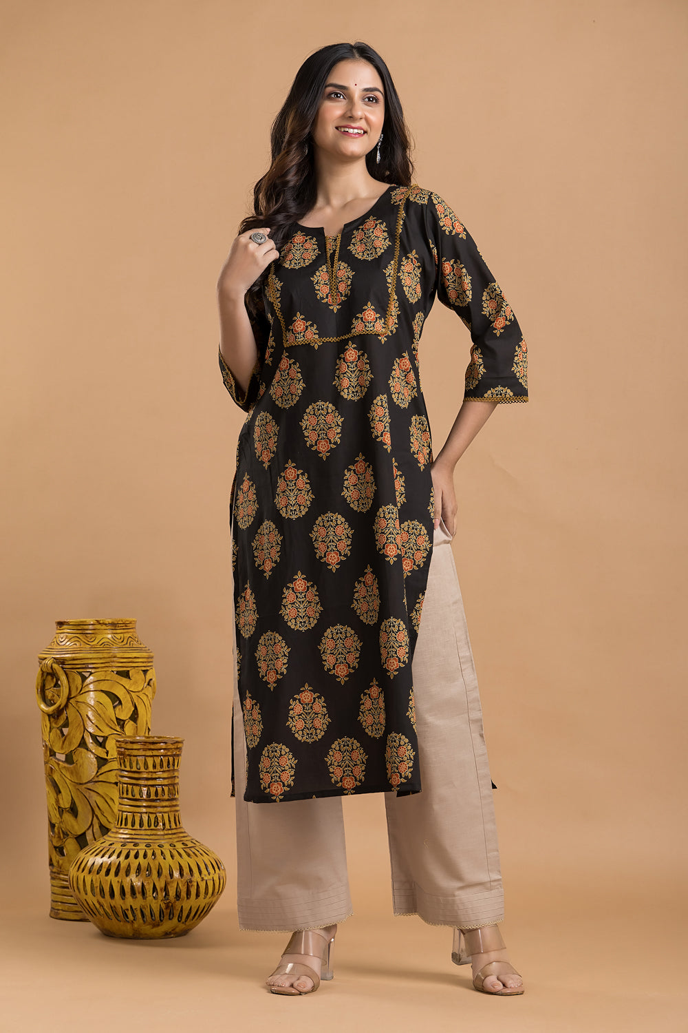 Black, Orange & Green Ornate Floral Print Kurta