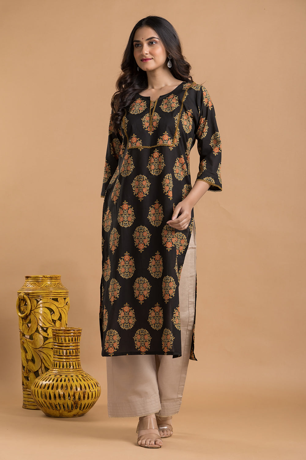 Black, Orange & Green Ornate Floral Print Kurta