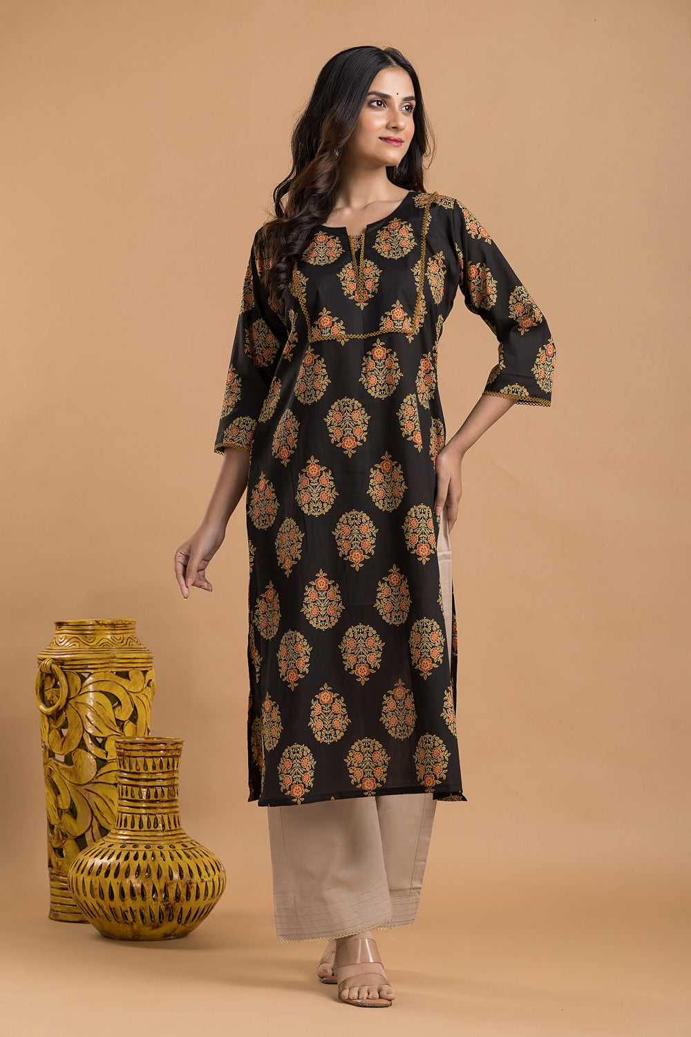 Black, Orange & Green Ornate Floral Print Kurta