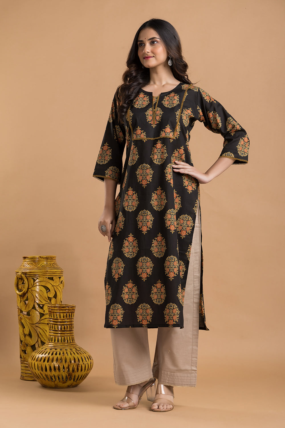 Black, Orange & Green Ornate Floral Print Kurta