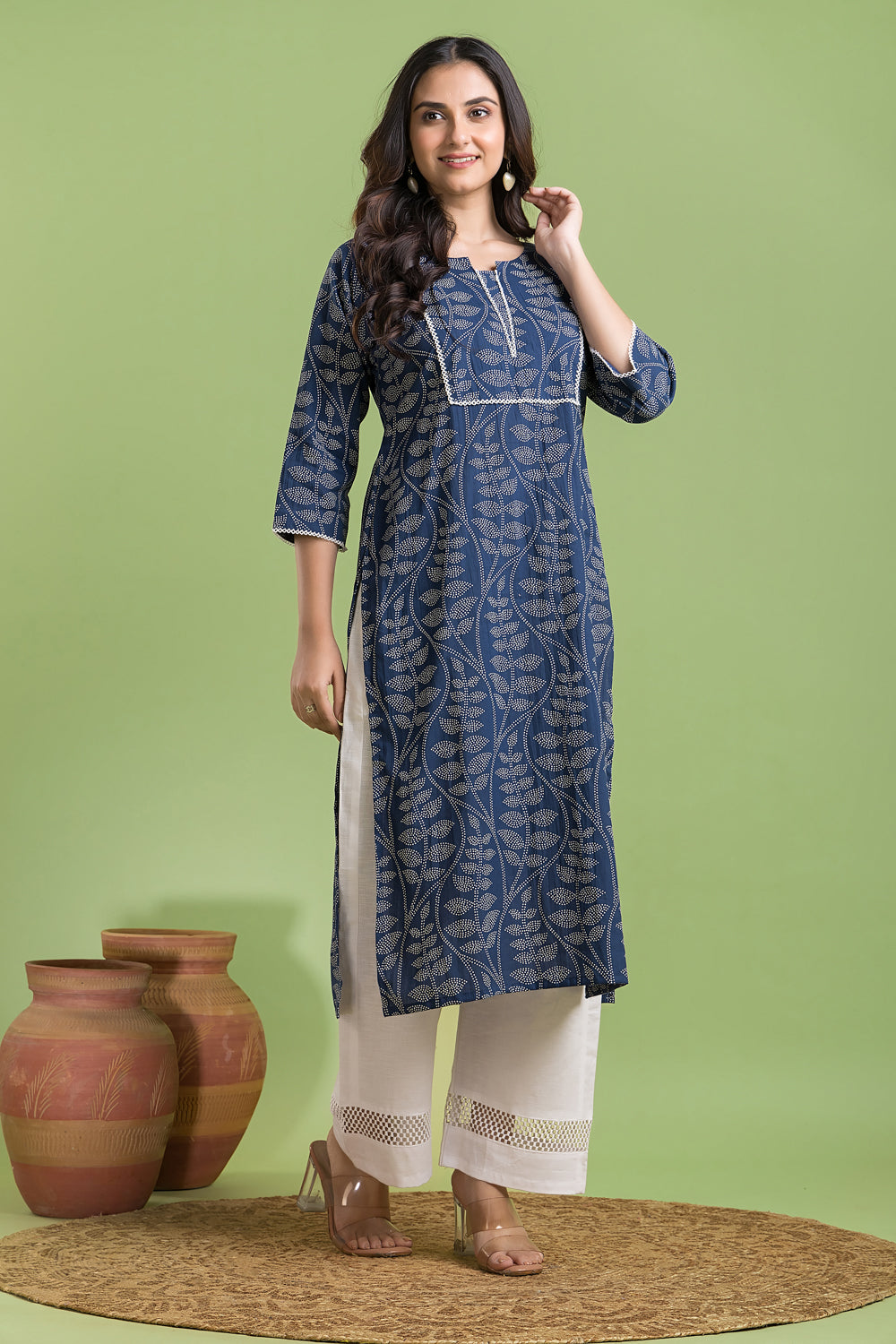 French Blue Leaf Print Kurta