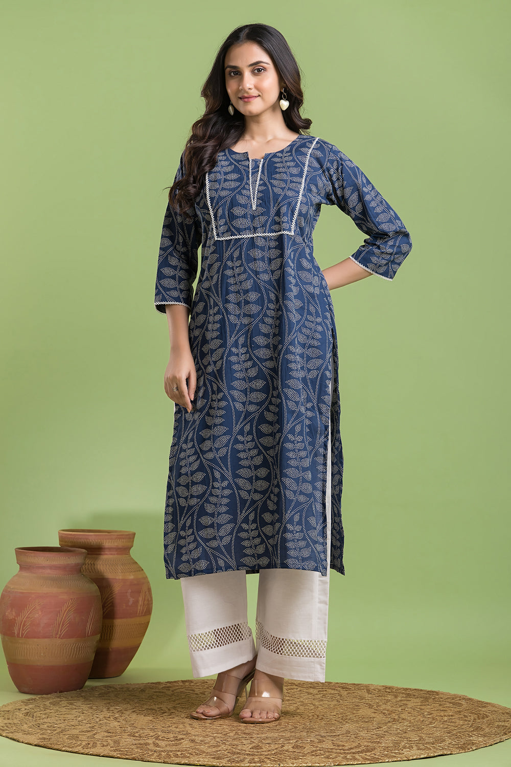 French Blue Leaf Print Kurta
