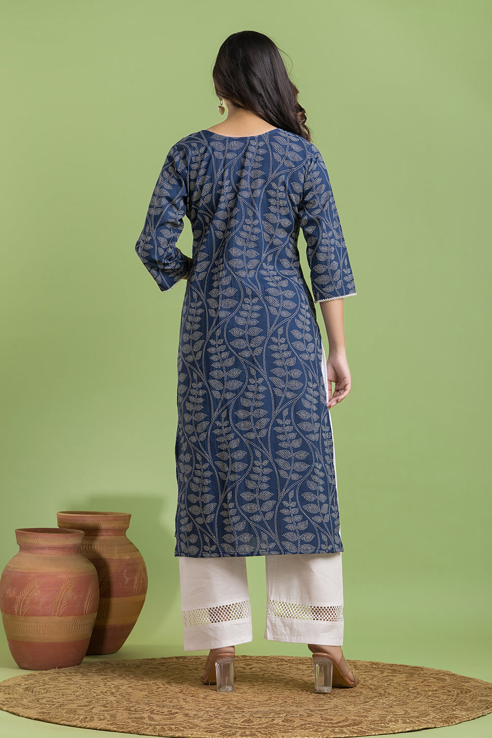 French Blue Leaf Print Kurta