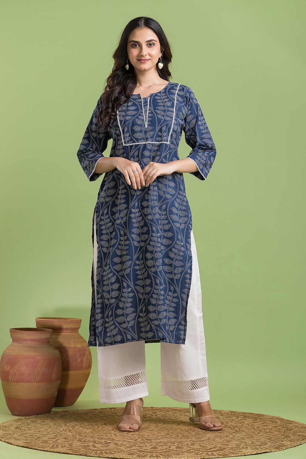 French Blue Leaf Print Kurta