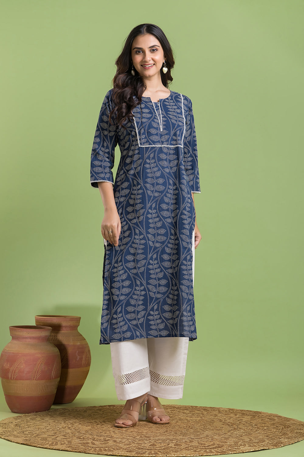 French Blue Leaf Print Kurta