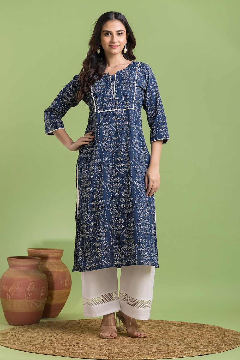 French Blue Leaf Print Kurta