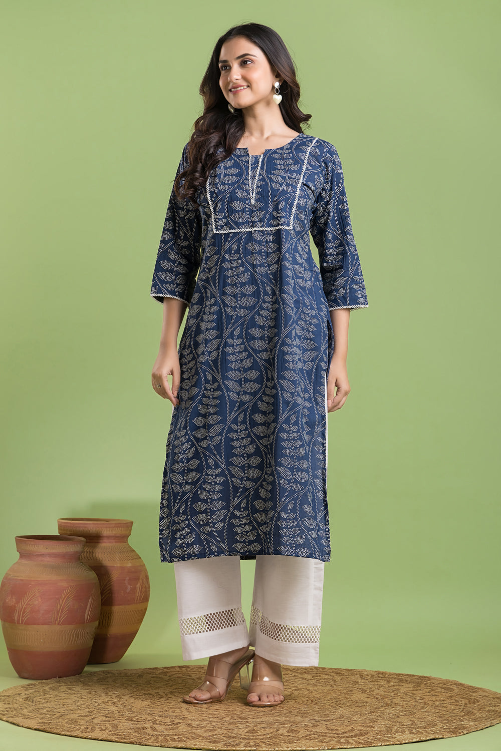 French Blue Leaf Print Kurta