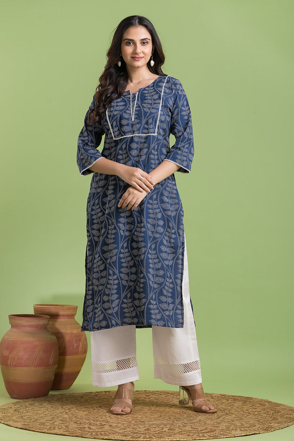 French Blue Leaf Print Kurta