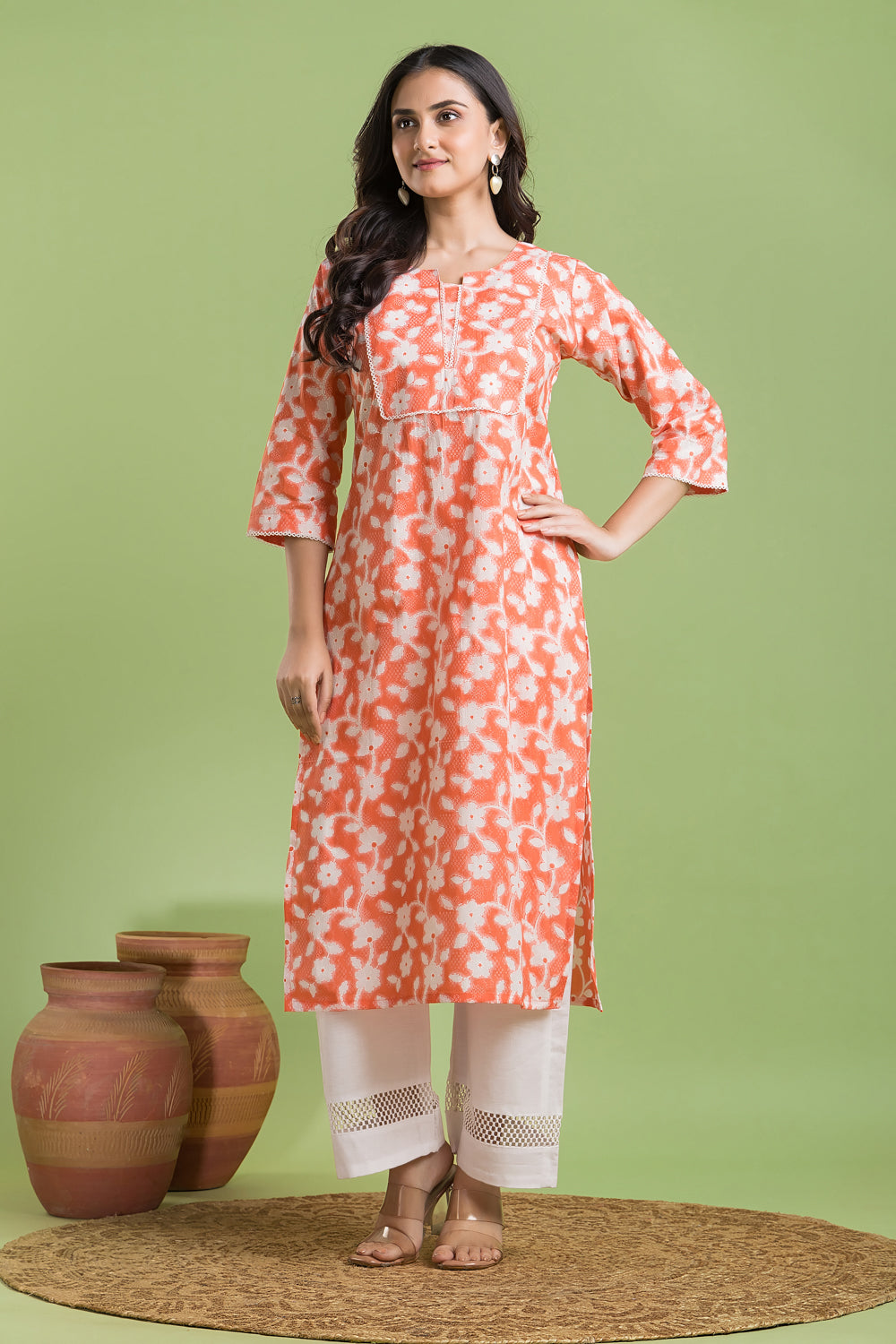 Orange Floral Print Kurta