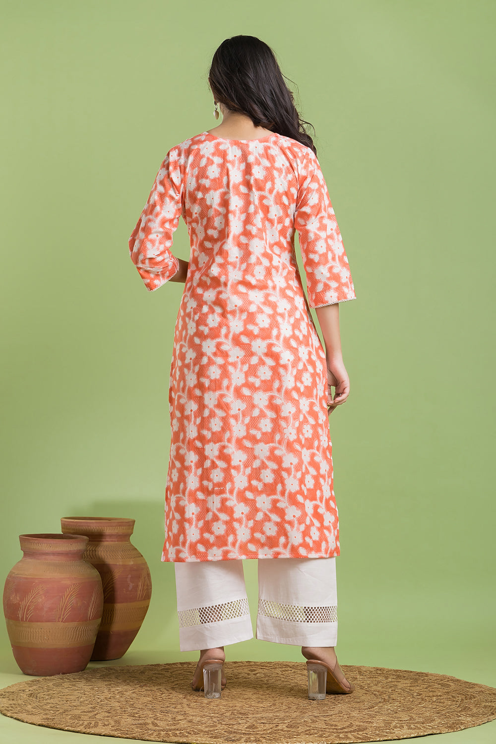 Orange Floral Print Kurta