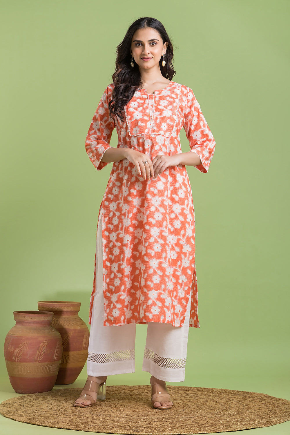Orange Floral Print Kurta