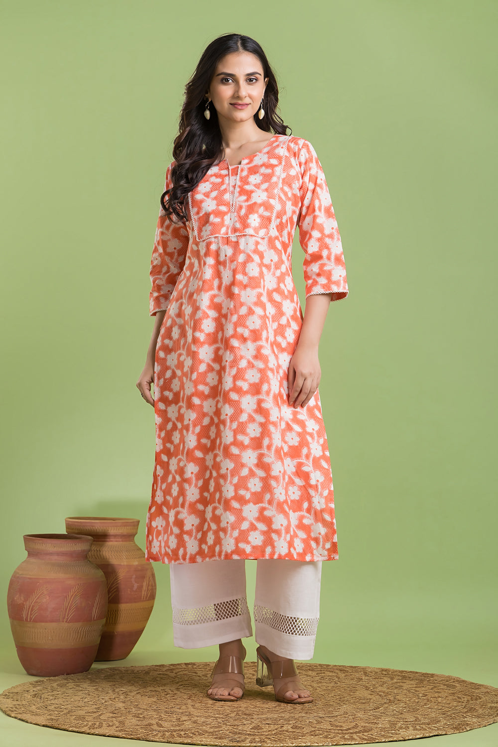 Orange Floral Print Kurta