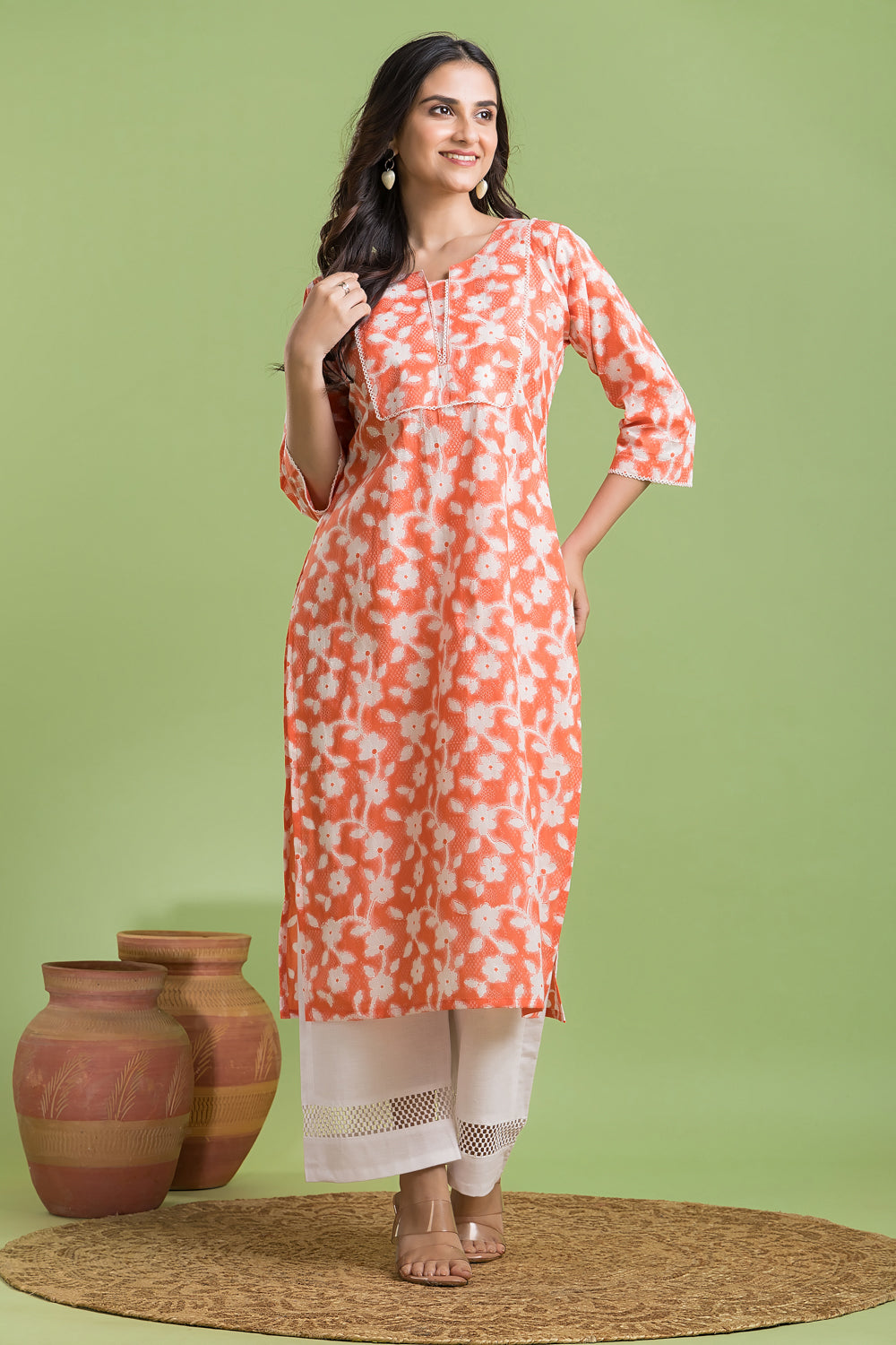 Orange Floral Print Kurta