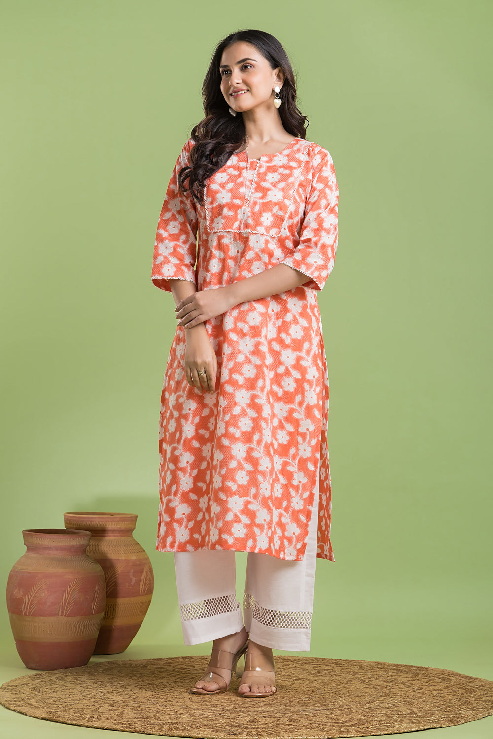 Orange Floral Print Kurta