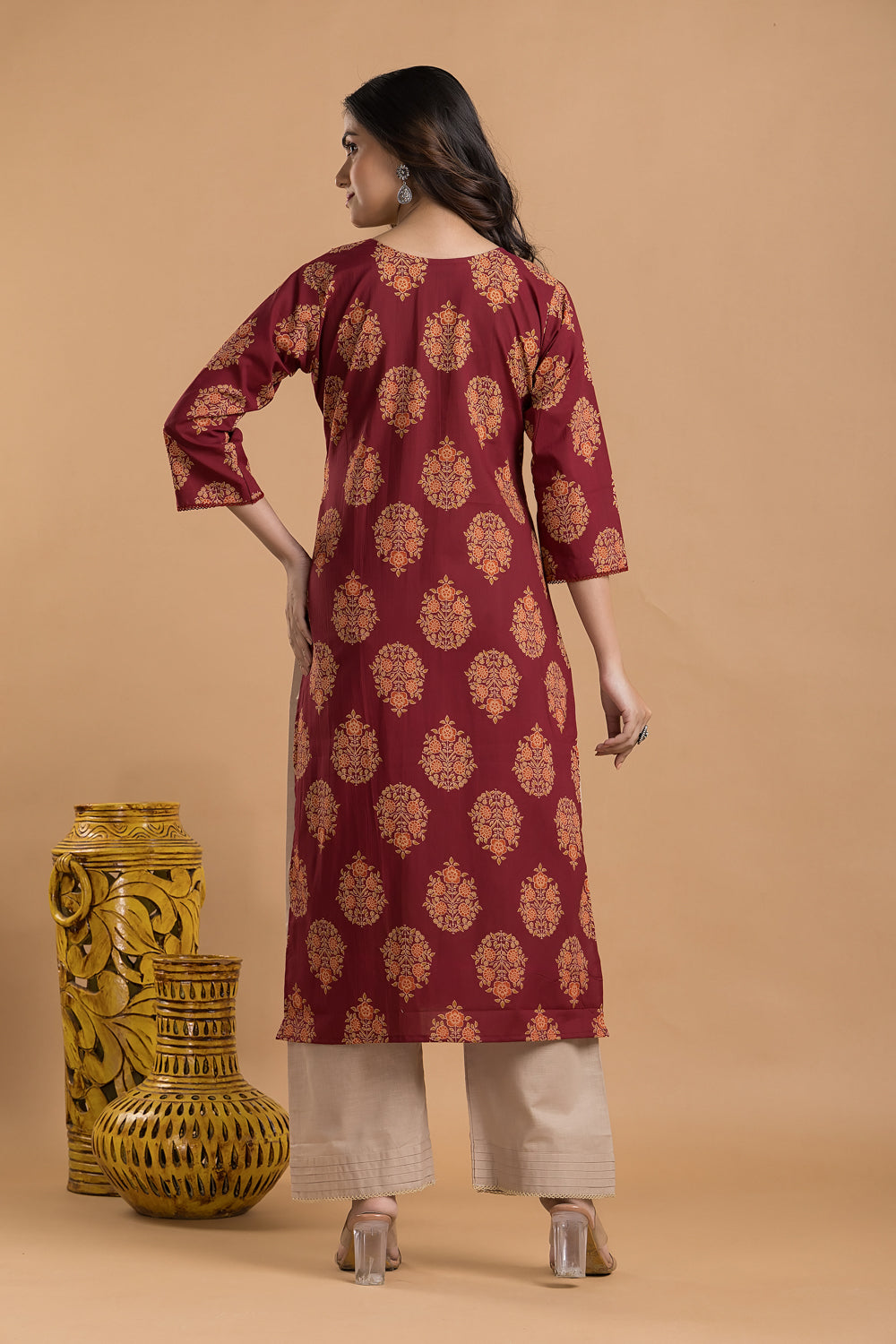 Maroon, Orange & Green Ornate Floral Print Kurta