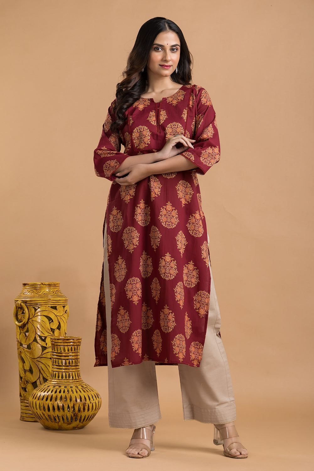 Maroon, Orange & Green Ornate Floral Print Kurta