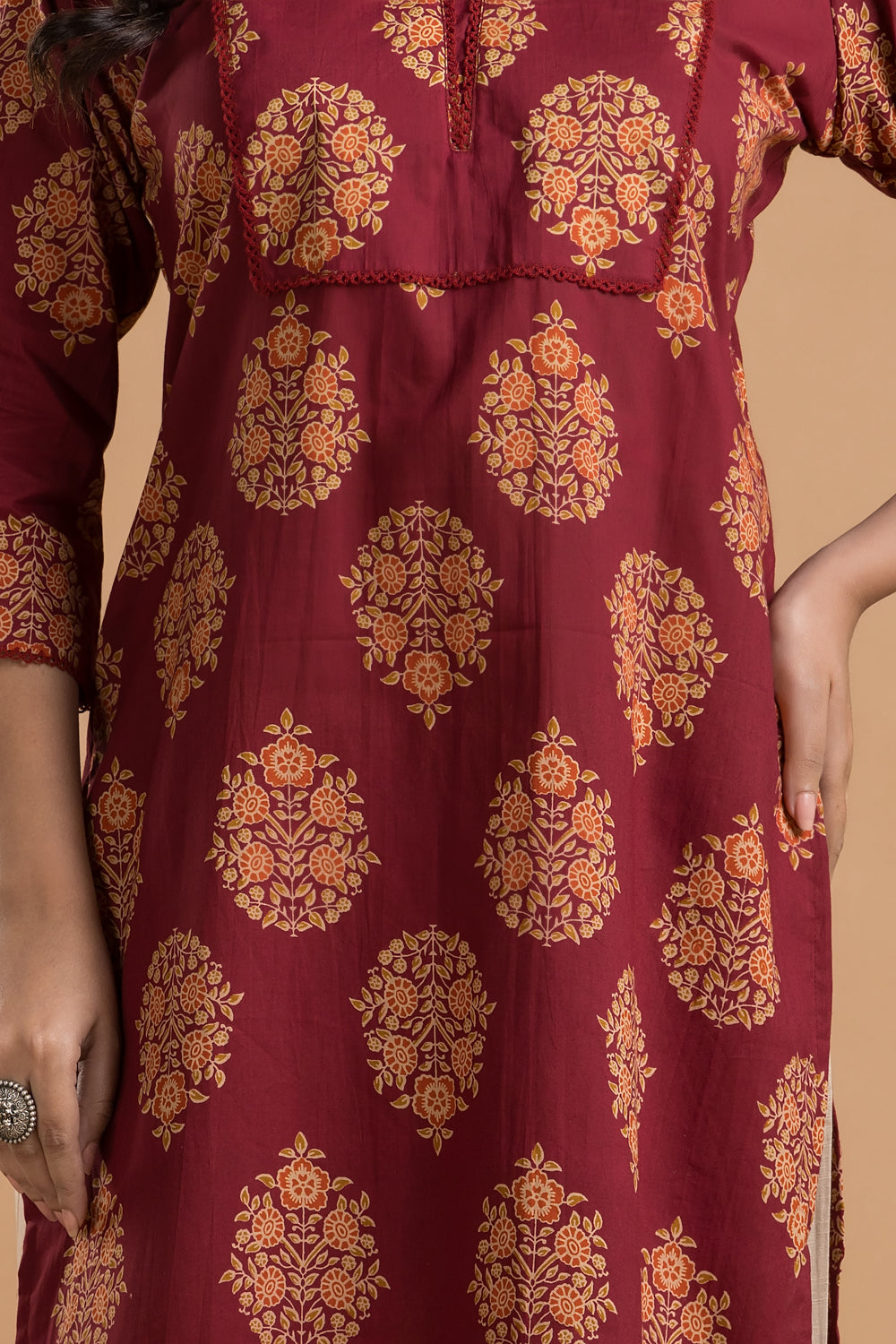Maroon, Orange & Green Ornate Floral Print Kurta