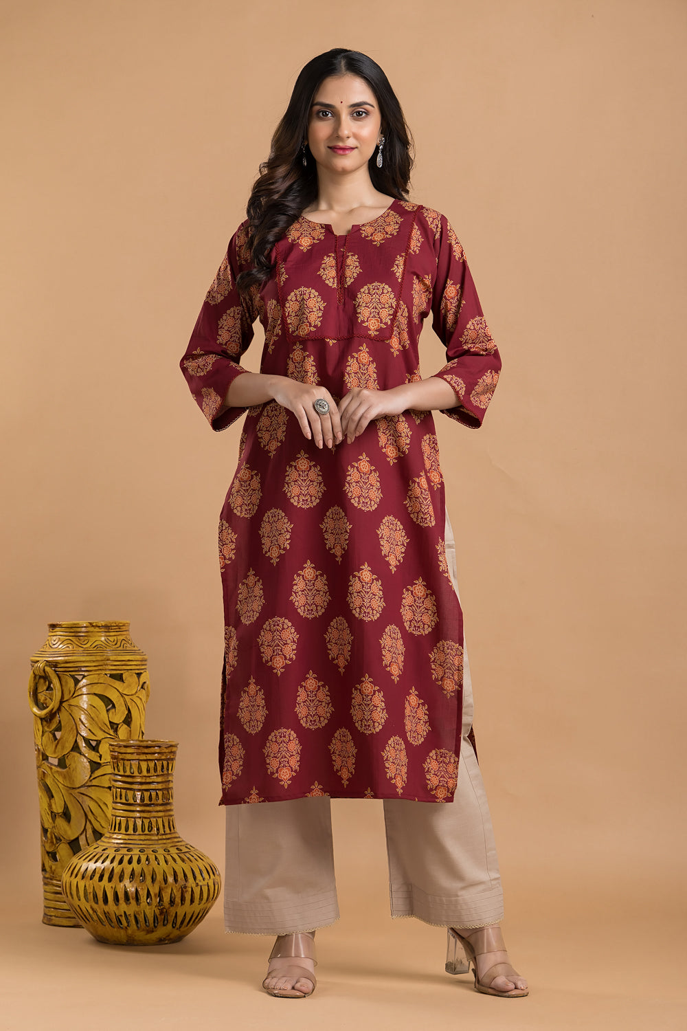 Maroon, Orange & Green Ornate Floral Print Kurta