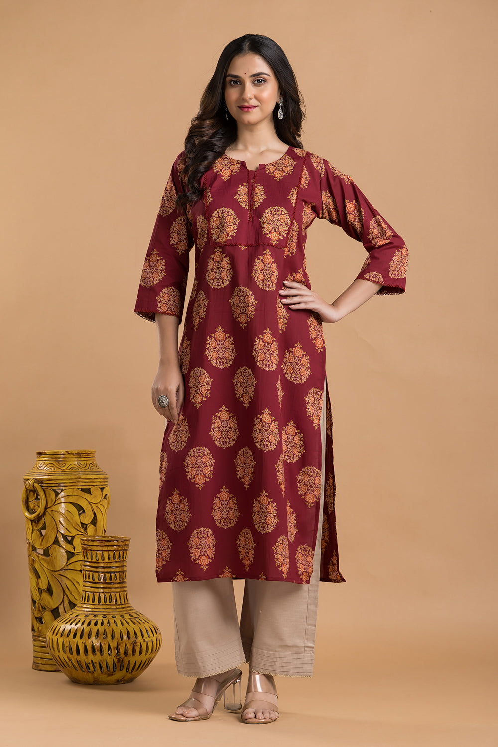 Maroon, Orange & Green Ornate Floral Print Kurta