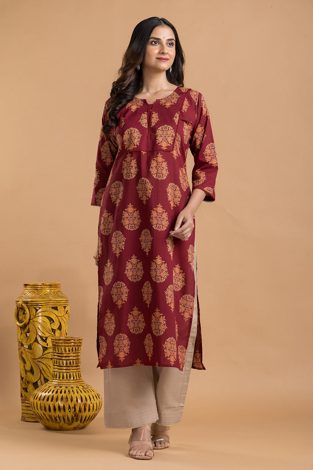 Maroon, Orange & Green Ornate Floral Print Kurta