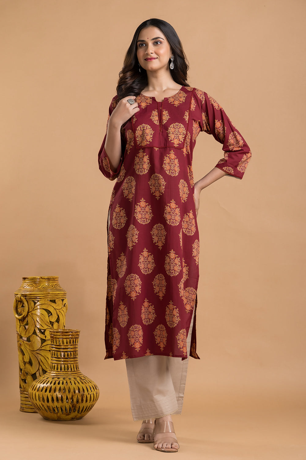 Maroon, Orange & Green Ornate Floral Print Kurta
