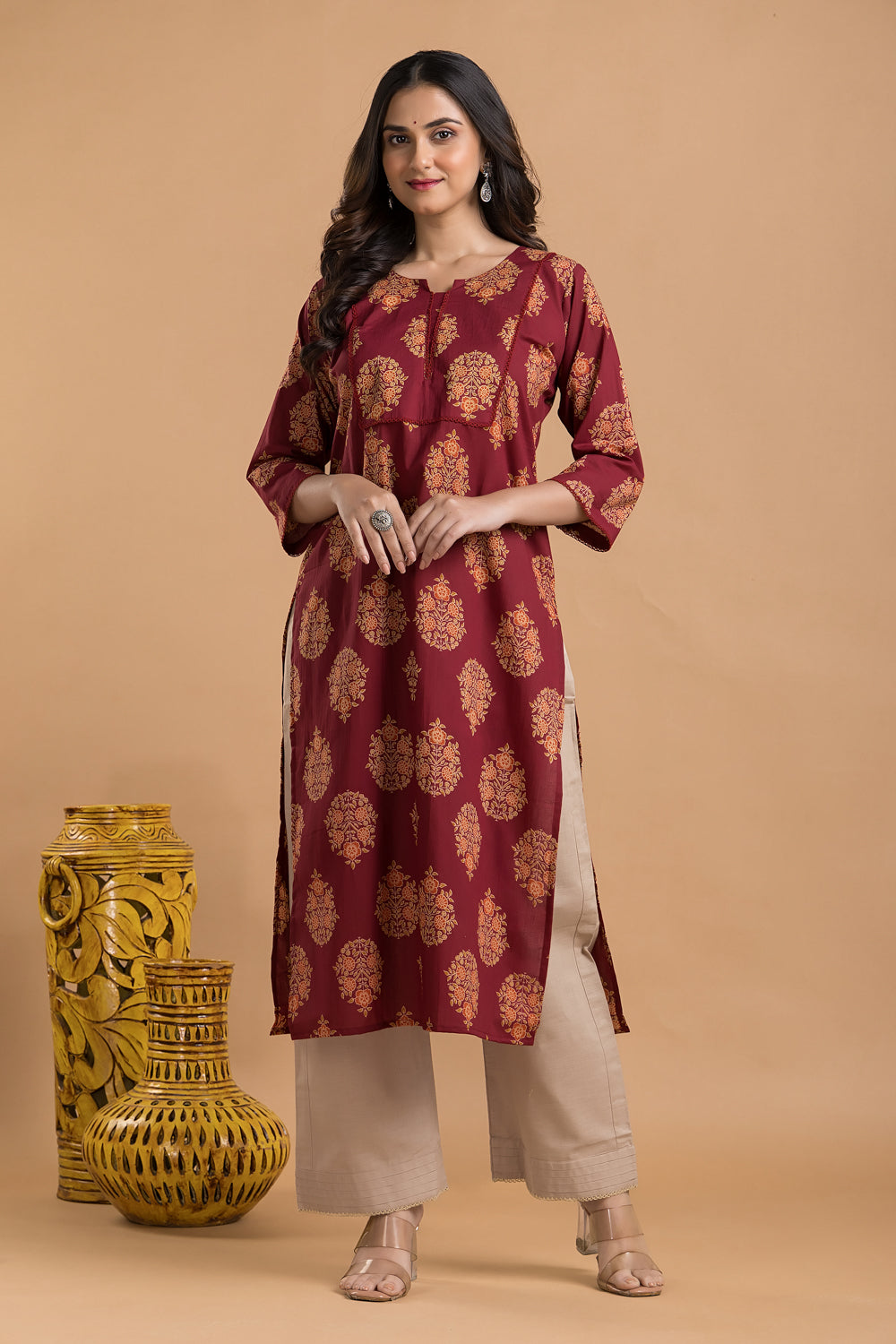 Maroon, Orange & Green Ornate Floral Print Kurta