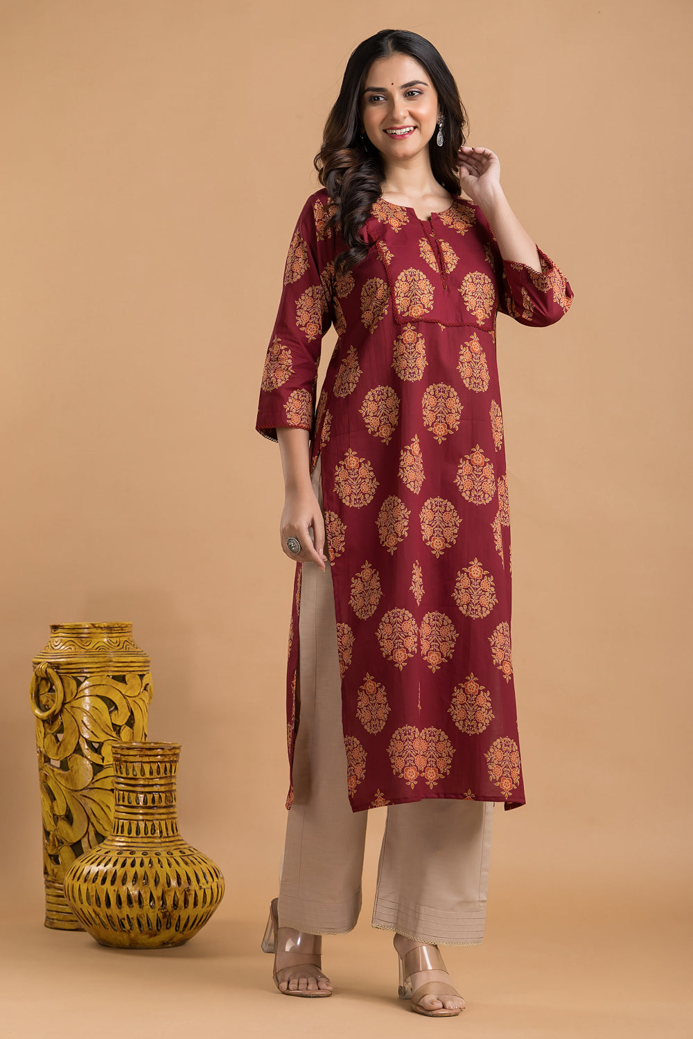 Maroon, Orange & Green Ornate Floral Print Kurta