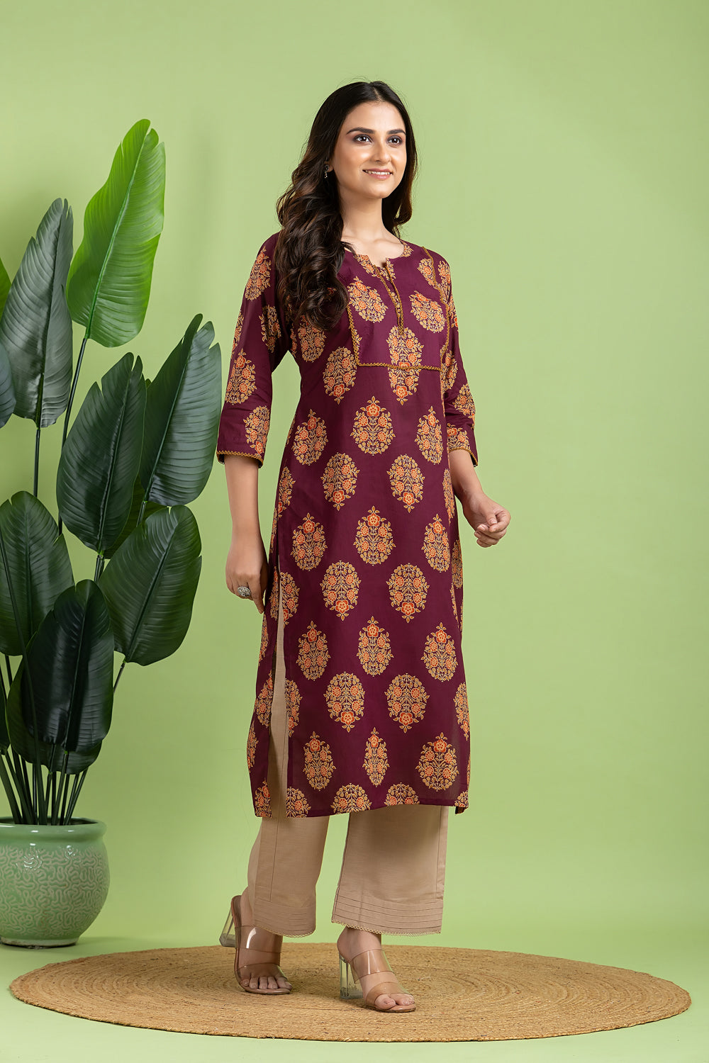 Purple, Orange & Green Ornate Floral Print Kurta