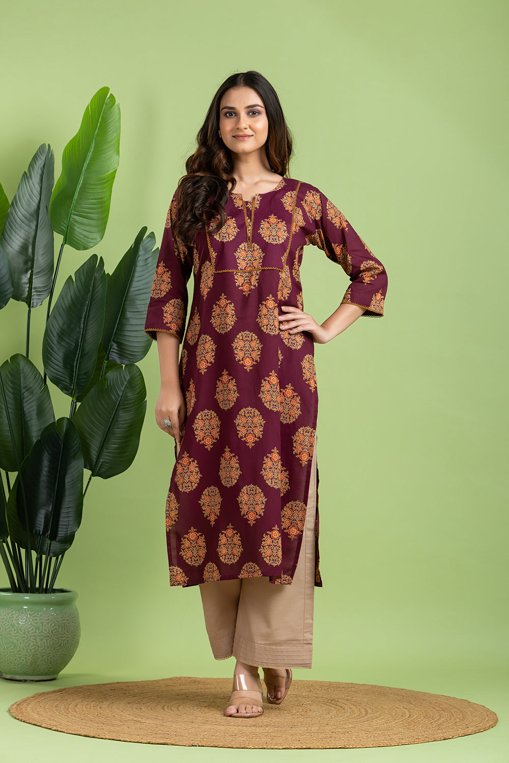 Purple, Orange & Green Ornate Floral Print Kurta
