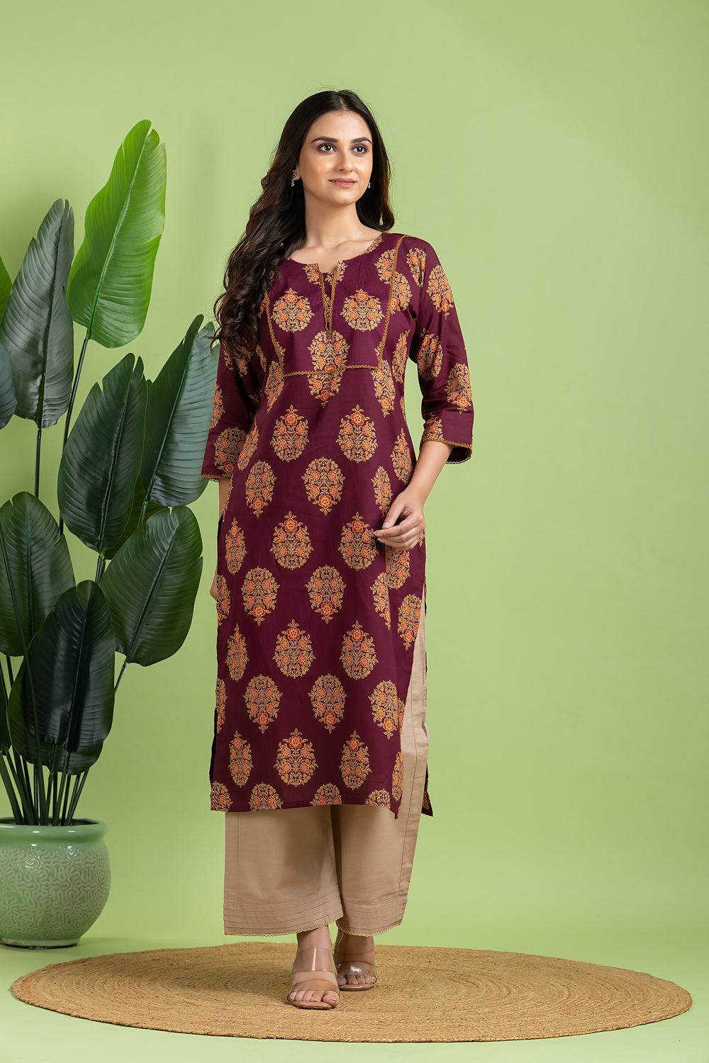 Purple, Orange & Green Ornate Floral Print Kurta