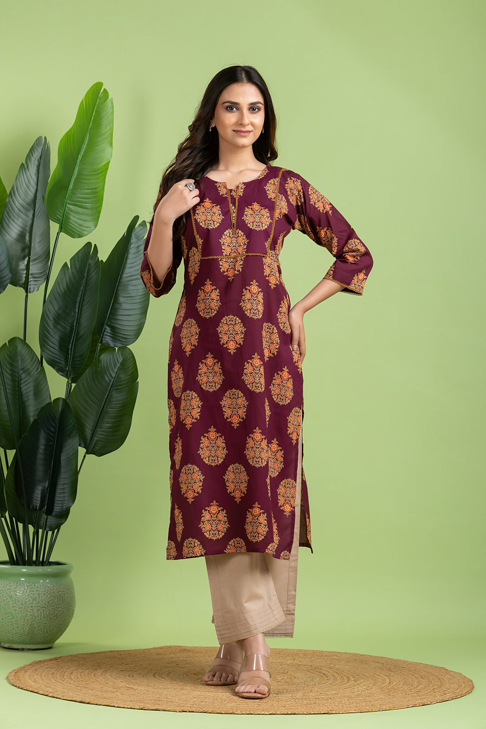 Purple, Orange & Green Ornate Floral Print Kurta