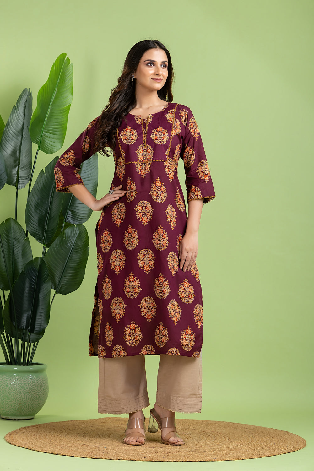 Purple, Orange & Green Ornate Floral Print Kurta