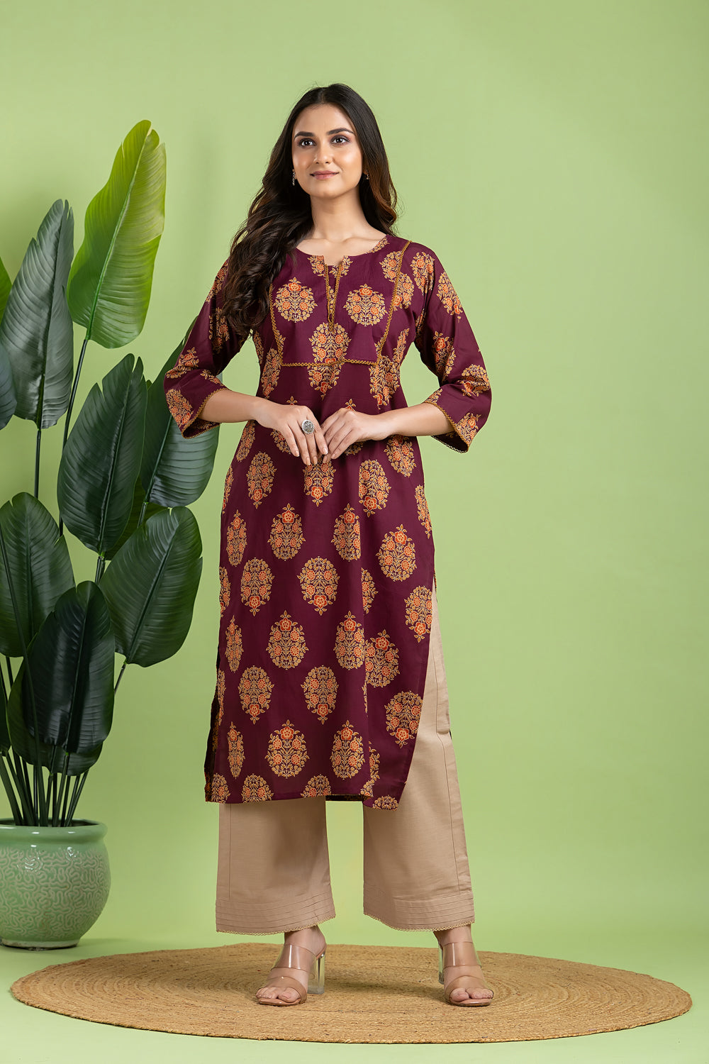 Purple, Orange & Green Ornate Floral Print Kurta