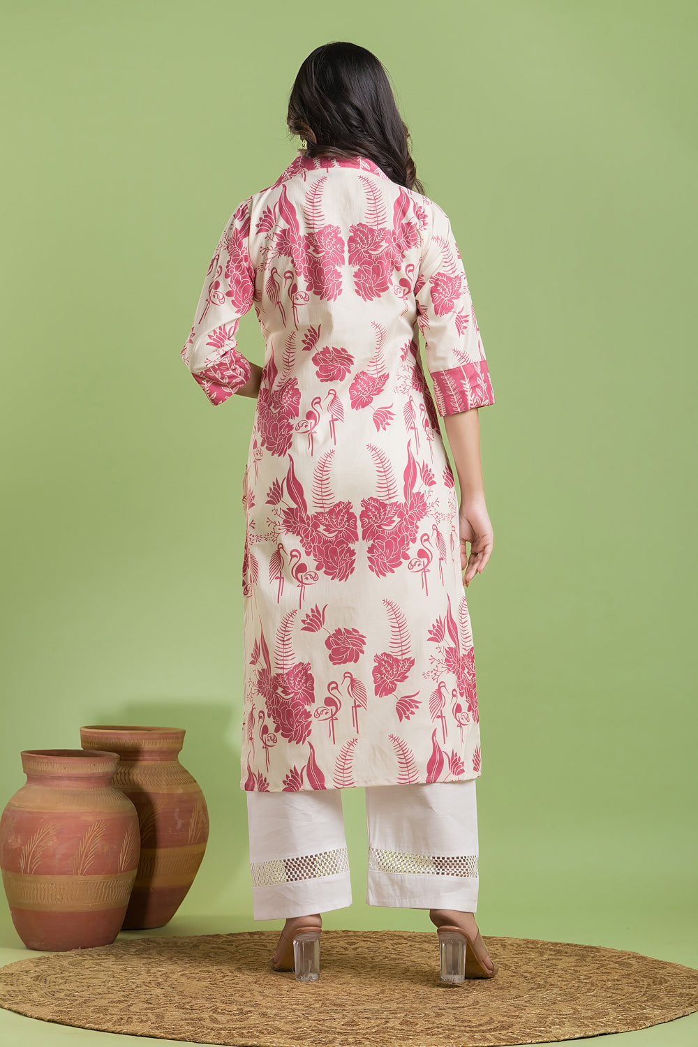 Off-white & Pink Flamingo Print Kurta
