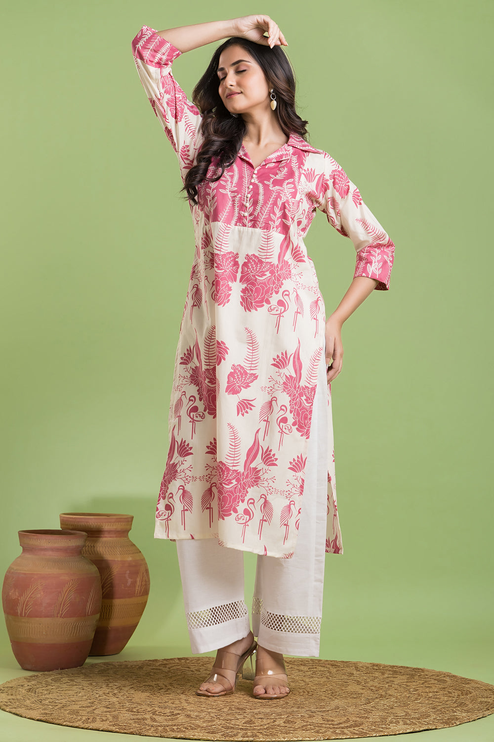 Off-white & Pink Flamingo Print Kurta