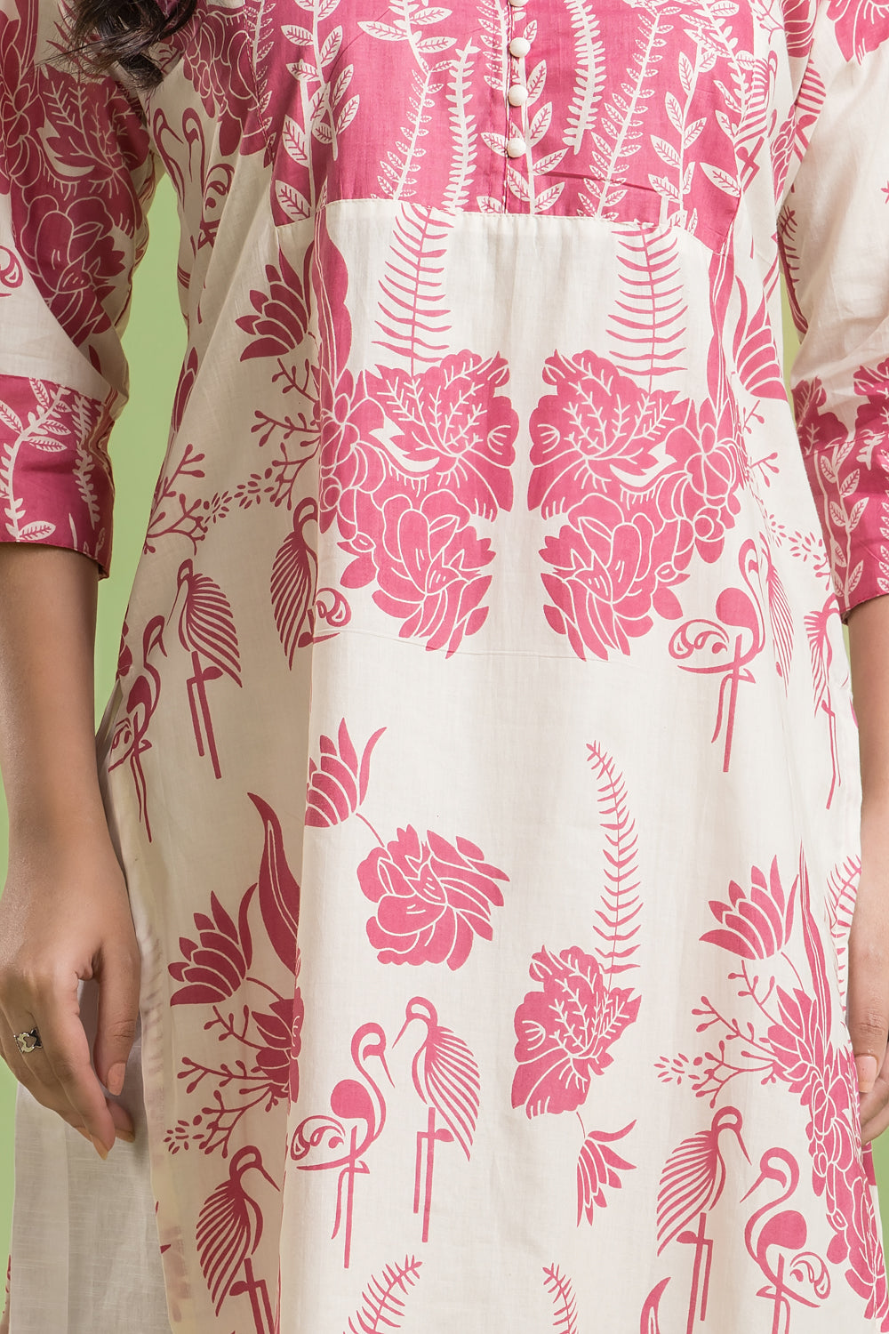 Off-white & Pink Flamingo Print Kurta