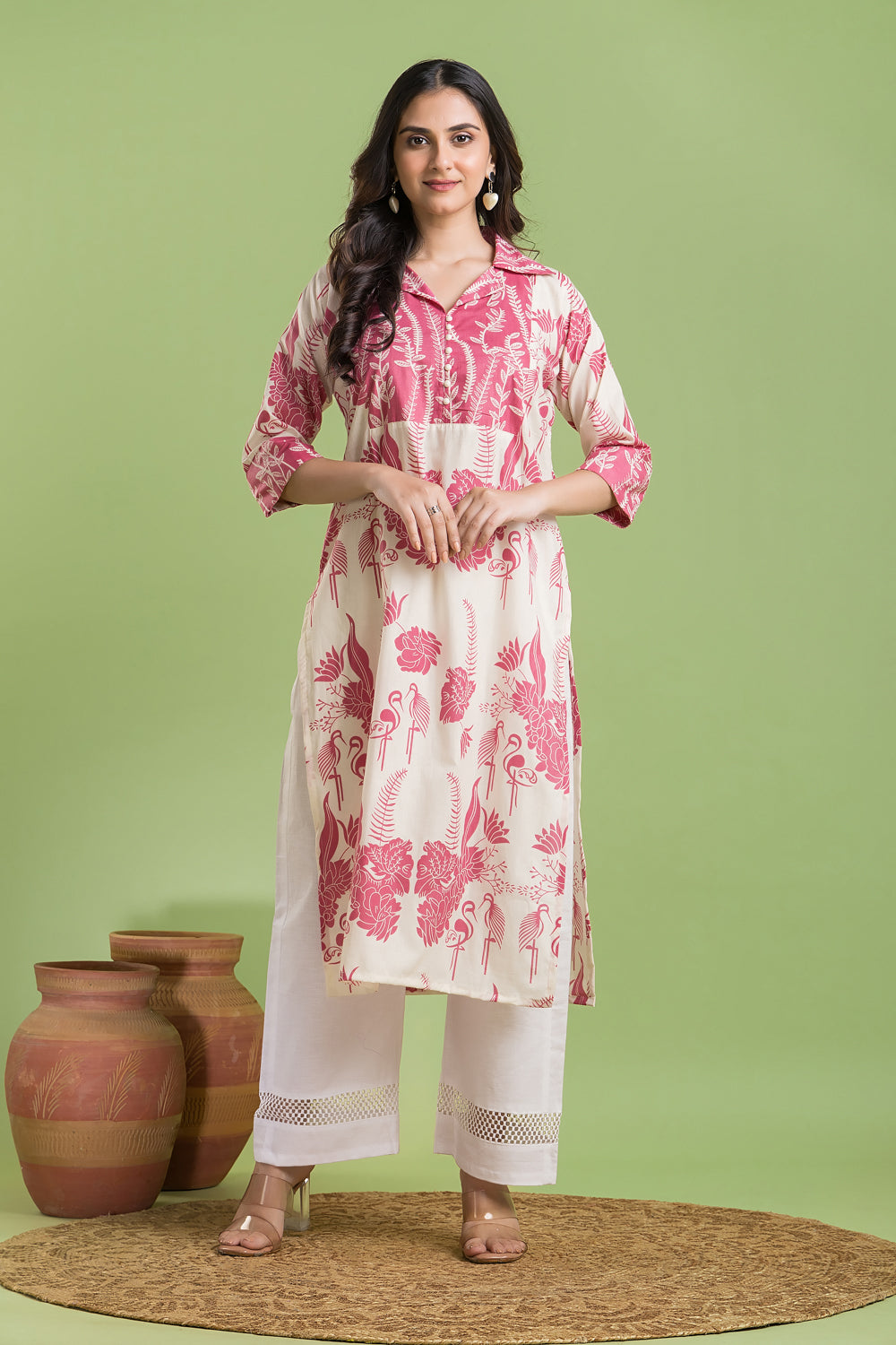 Off-white & Pink Flamingo Print Kurta