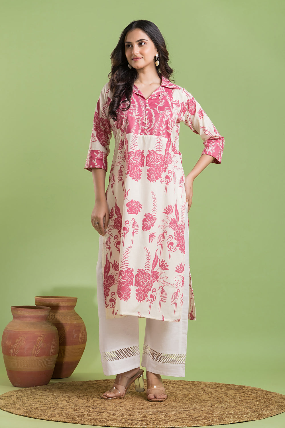 Off-white & Pink Flamingo Print Kurta